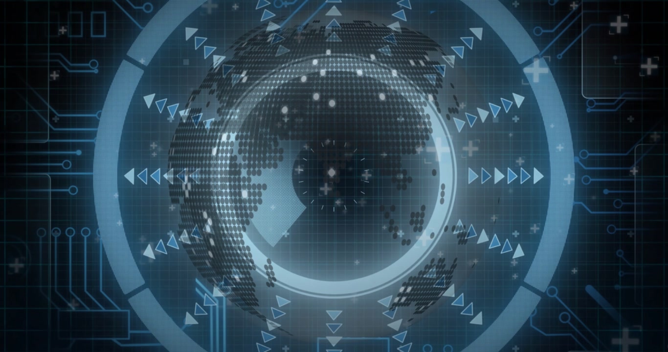 Central dotted globe rotating on dark blue grid, showing concentric rings and arrow icons