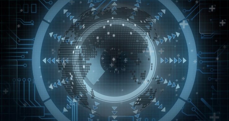 Central dotted globe rotating on dark blue grid, showing concentric rings and arrow icons