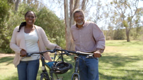 middle aged black couple walking with bicycles in a park