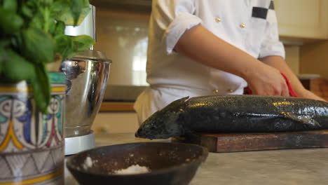 tracking shot of a professional chef preparing a salmon in the kitchen