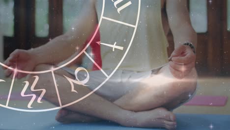 animación del horóscopo de la rueda del zodiaco sobre un hombre caucásico practicando yoga