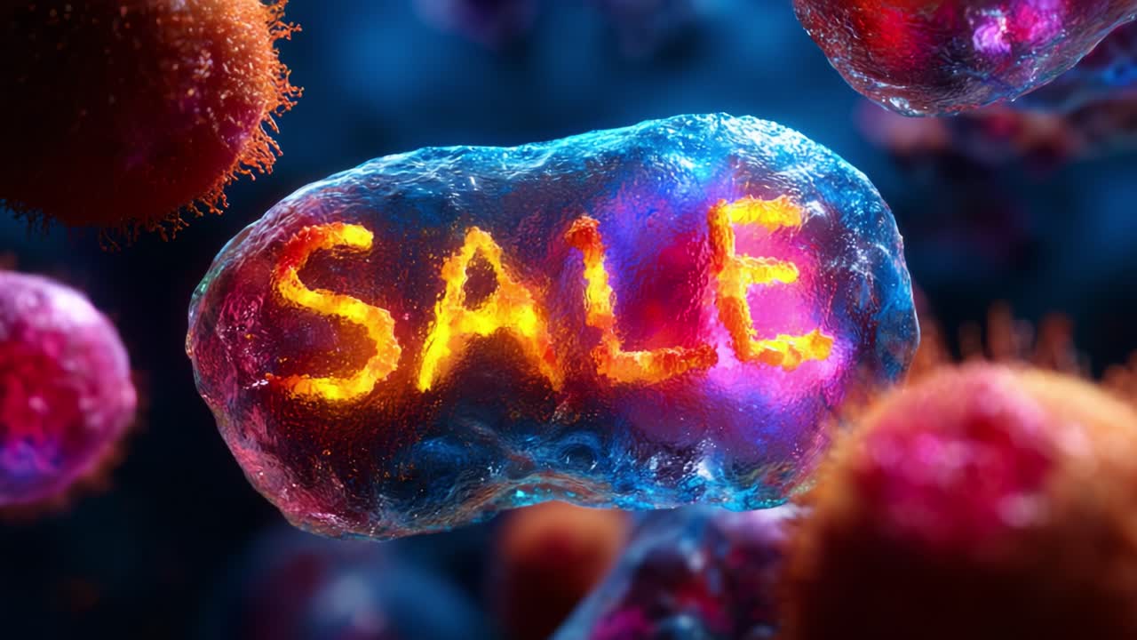 A captivating visual representation of microscopic organisms showcasing the word 'SALE' in bright colors, highlighting the intersection of biology and commerce in a vibrant background