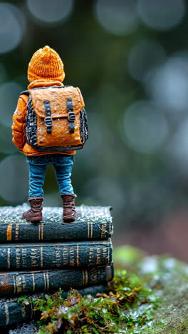 child with orange jacket and backpack standing on snow-covered books