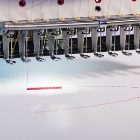 sewing machine stitching on fabric. close up of sewing machine working part