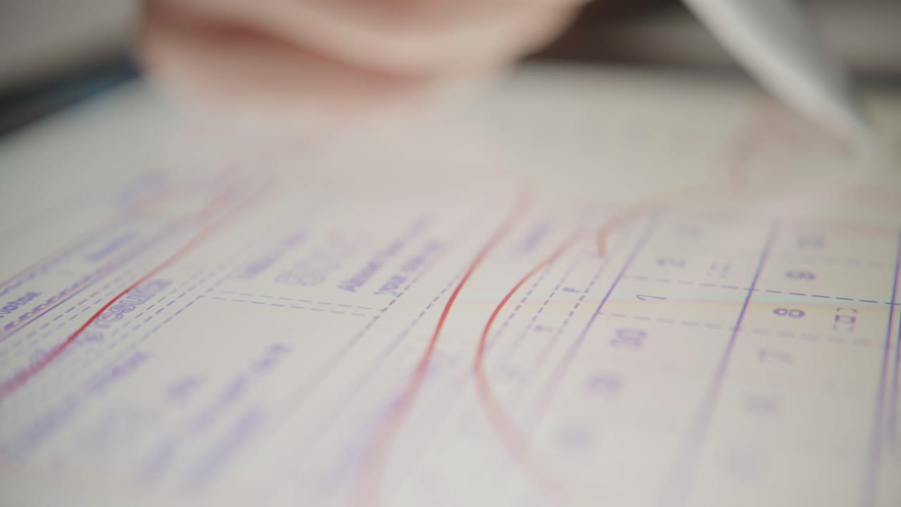 An extreme close-up shows a hand using a stylus to make notes on a digital document on a tablet. A concept for modern productivity, digital workflow, planning, and technology