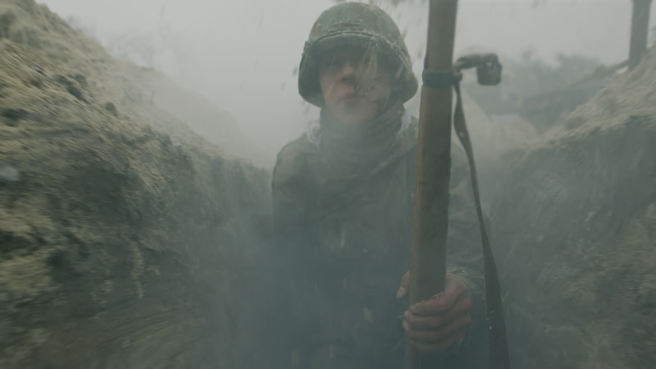 Soldiers in a Trench During a War