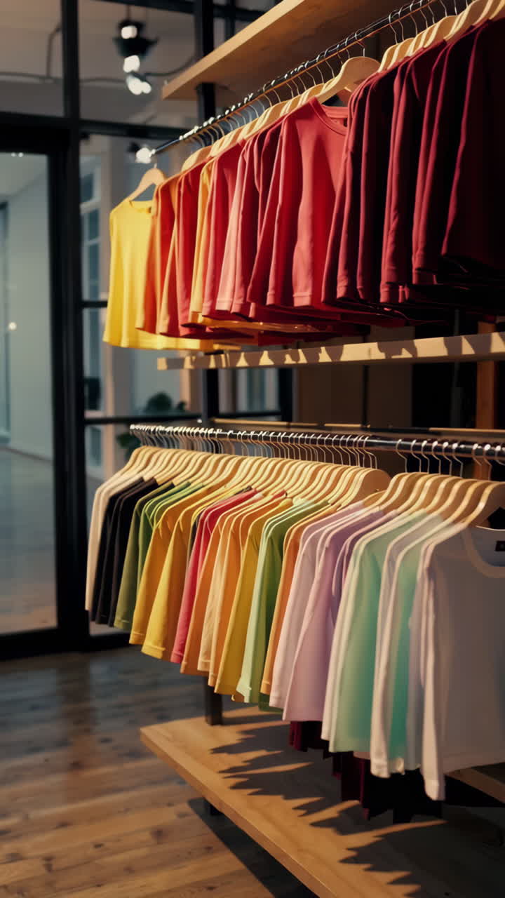 Camisetas coloridas en exhibición en una tienda de ropa