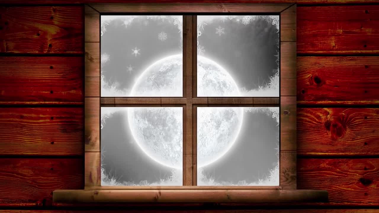 animación de nieve cayendo sobre la luna vista a través de la ventana