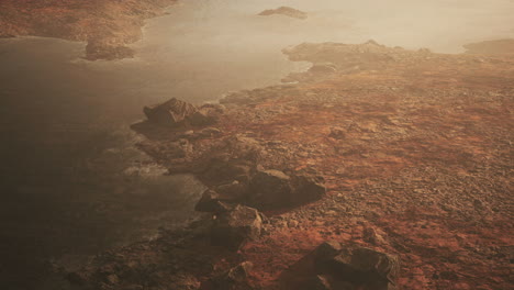 Atmospheric-landscape-with-mountain-lake-among-moraines-in-rainy-weather