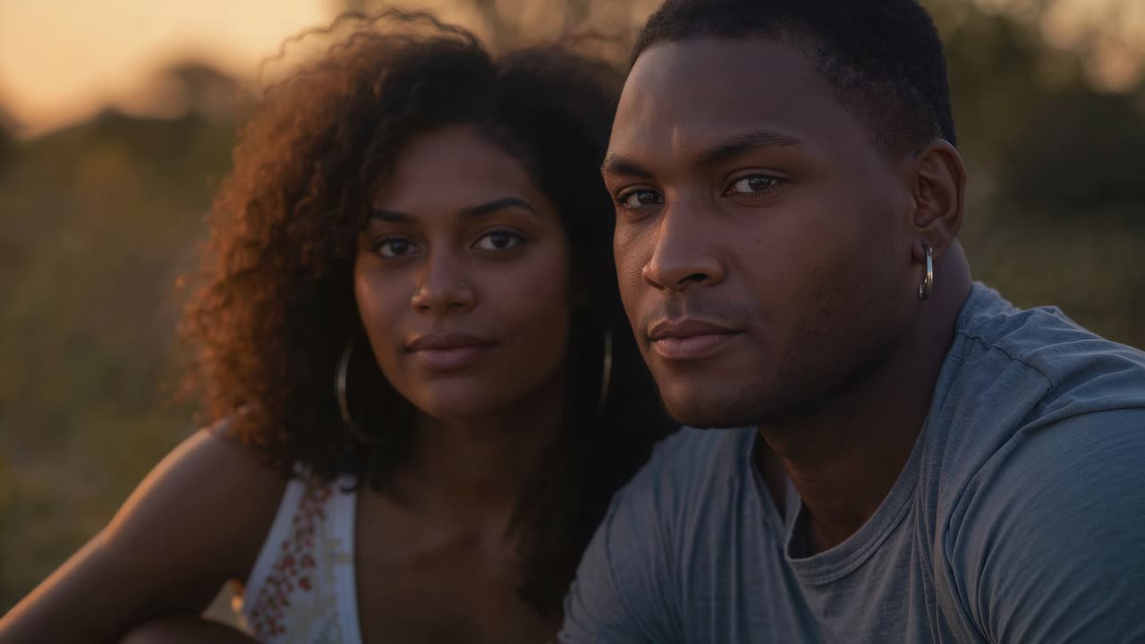 Sitting couple posing in meadow as sunset deepening, wearing gray tee, white patterned top, hoops
