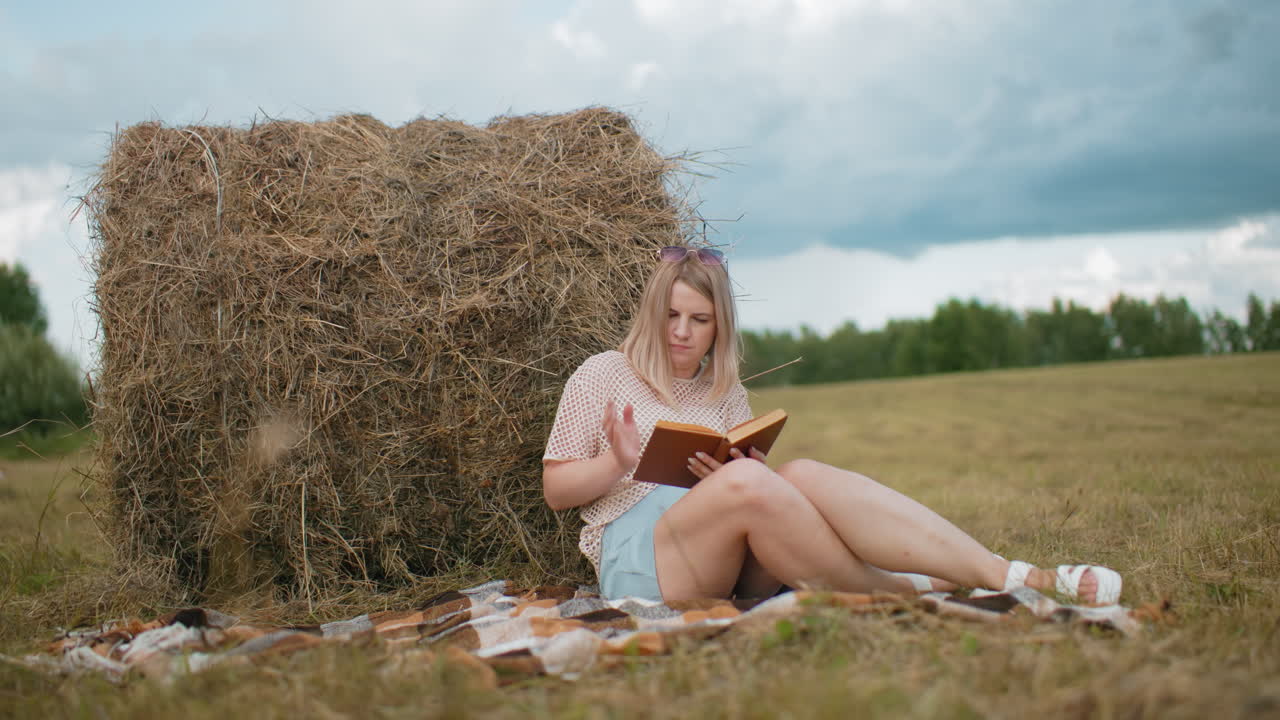 женщина сидит на одеяле возле сенобоя, читает коричневую тетрадь, корректируя волосы, открытая сельская местность с зелеными деревьями и облачным небом на заднем плане