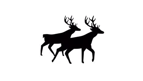 animation of black silhouette of two reindeer walking on white background