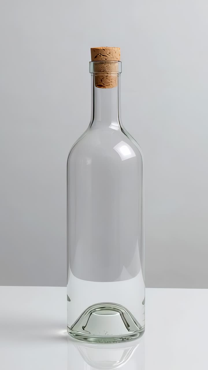 Vertical video: Sitting transparent glass bottle sealed with cork stopper on white tabletop, studio