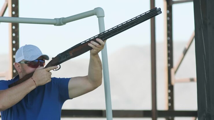 Sportsman shoots from a double-barreled shotgun, A sports field for a shooting test is shooting at flying skeet