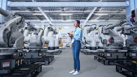 mujer observando robots industriales en una fábrica