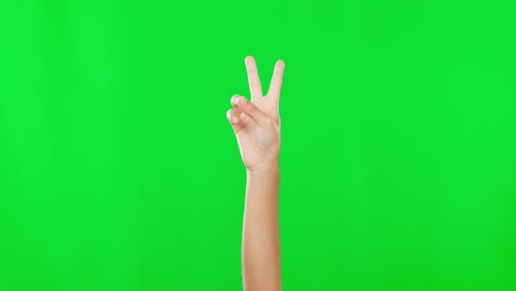 hands, green screen and closeup of a peace sign