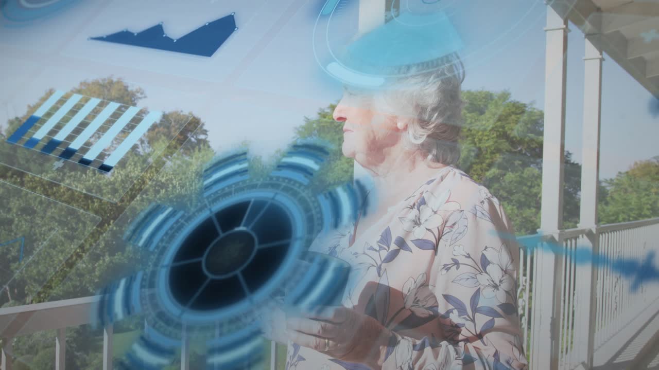 Senior woman stepping onto balcony sipping mug activating tech HUD overlays scanning weather data
