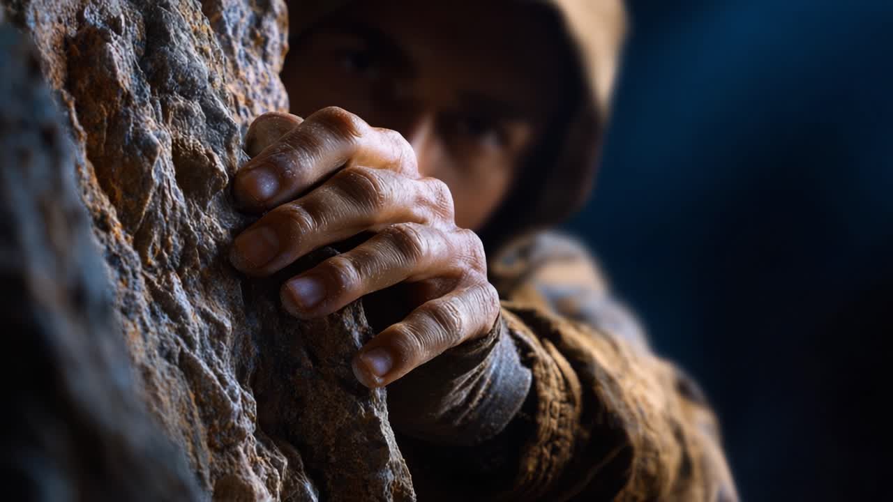 Mãos de um alpinista agarrando uma superfície rochosa, revelando a luta e a determinação exigidas nas atividades de escalada, exibindo força e foco na natureza.