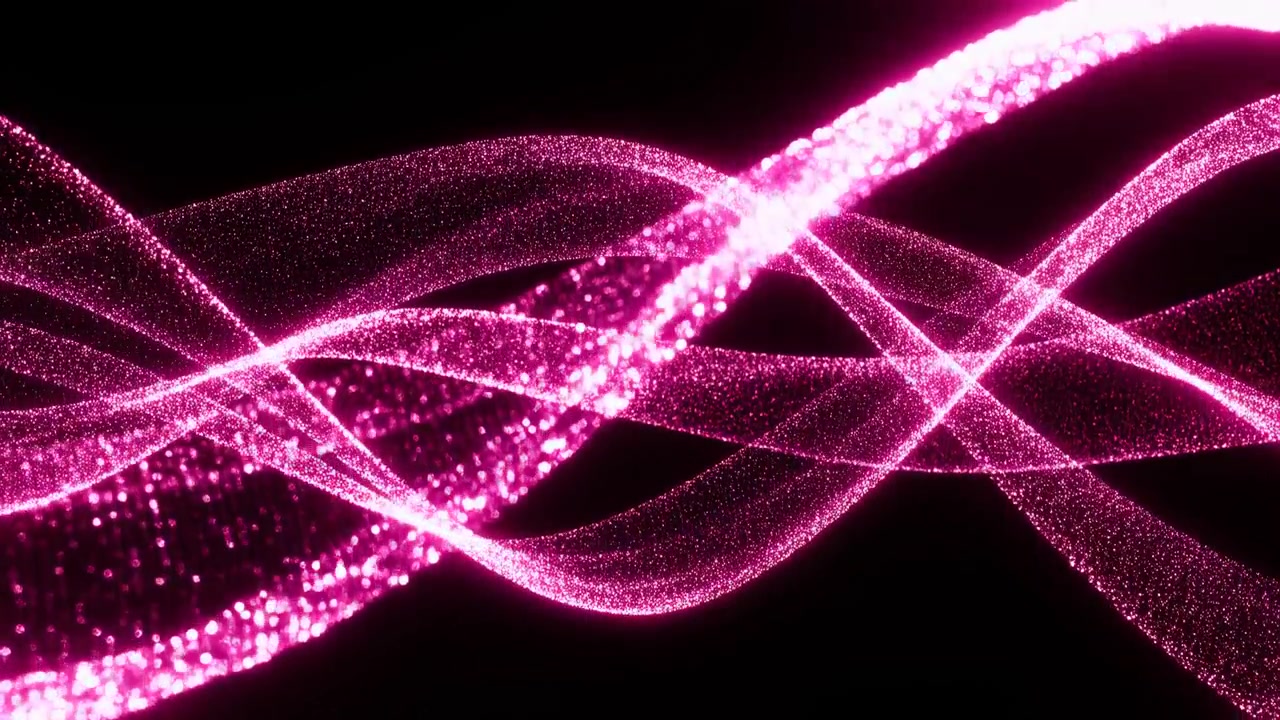 Nastri ondulatori di particelle magenta che scorrono con grazia, un elegante movimento di luccichio e scintillio creato per la bellezza.