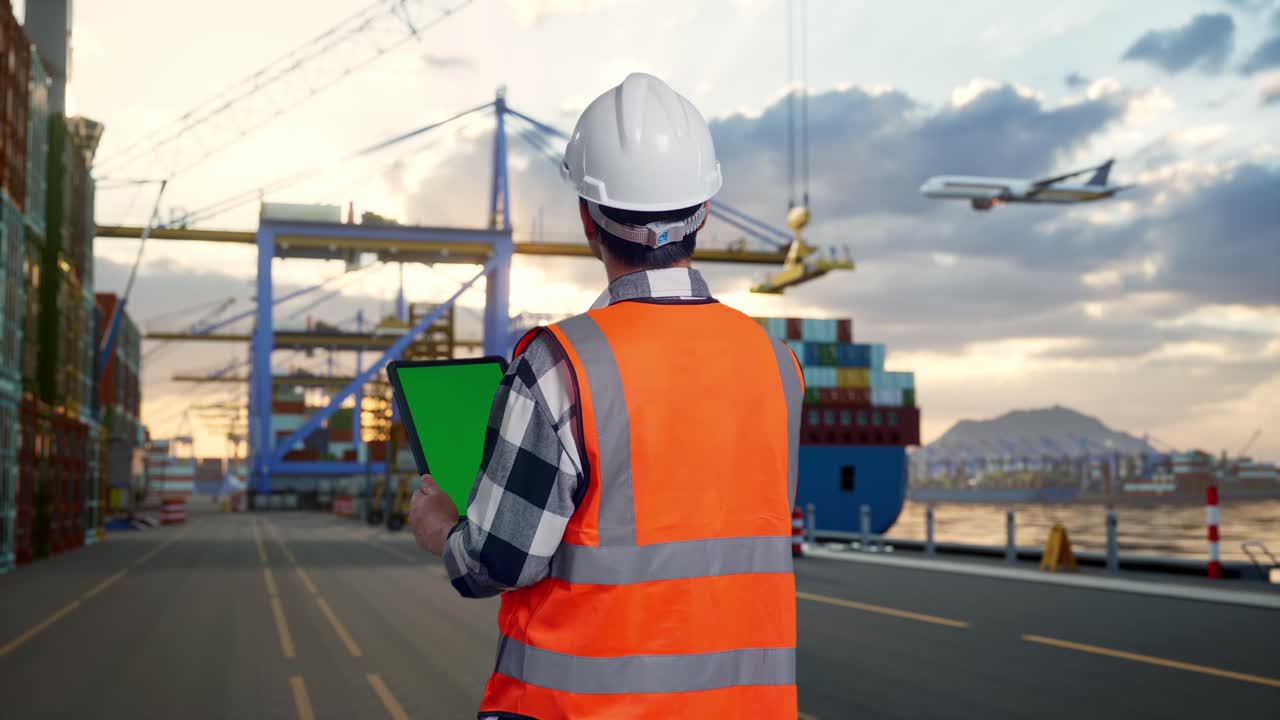 Back View Of Asian Male Engineer With Safety Helmet Working On A Green Screen Tablet And Looking Around While Standing at Port with Container Ship and Cranes at Sunset