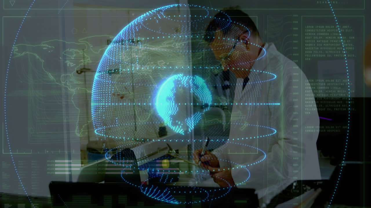 Scientist working in laboratory with digital globe and data overlay animation