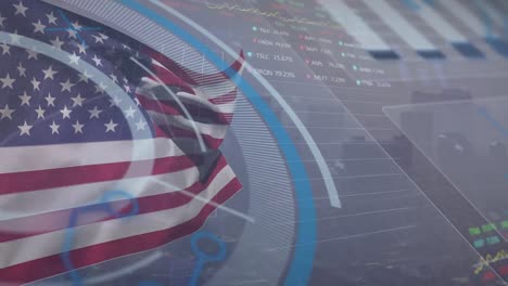 animation of financial data processing over flag of usa