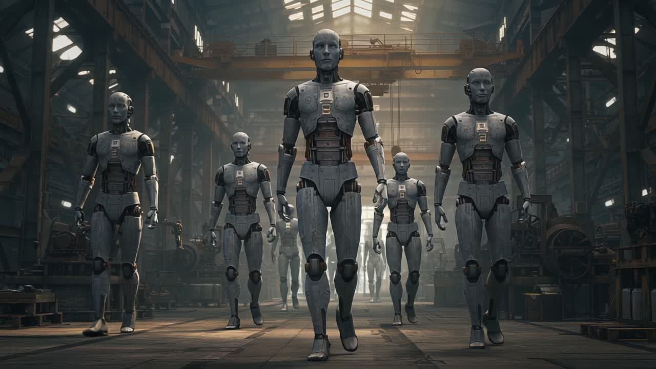 A group of advanced humanoid robots marches through a dimly lit industrial warehouse, showcasing sophisticated design and robotics technology in a captivating visual narrative