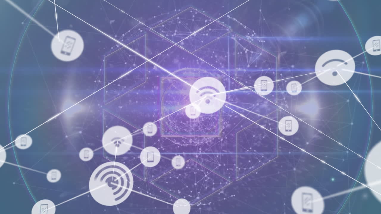 연결 네트워크와 레인보우 렌즈 플레어의 전 세계 디지털 아이콘 네트워크의 애니메이션