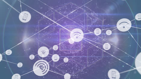 animation of network of digital icons over globe of network of connections and rainbow lens flare