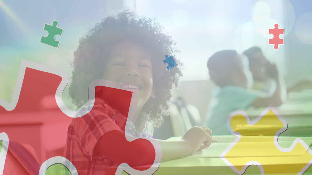 animazione di pezzi di puzzle su diversi insegnanti e scolari