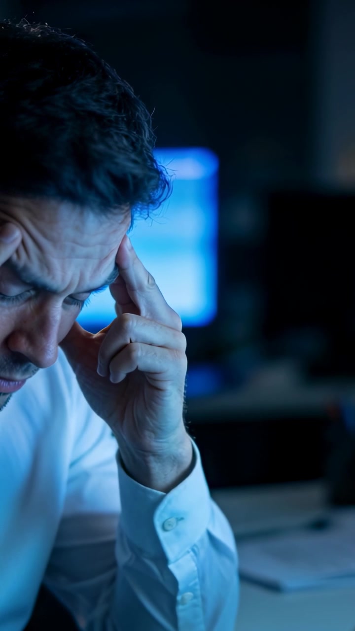 Vertical video: Rubbing temples, man in white shirt at desk reacting to monitor, focusing on papers
