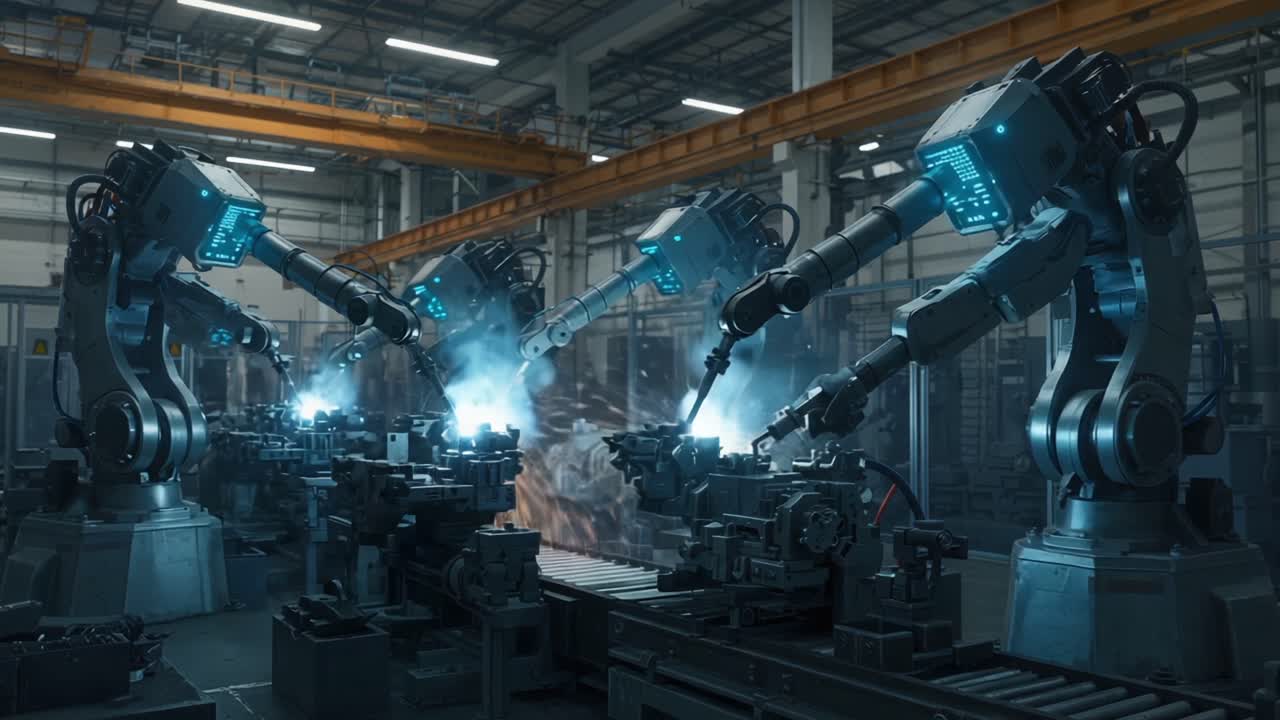 Advanced Industrial Robotics in a Modern Manufacturing Facility Showcasing Precision, Efficiency, and Technological Innovation in Automated Production Processes