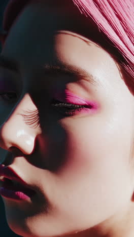 close-up portrait of a woman with pink hair and makeup