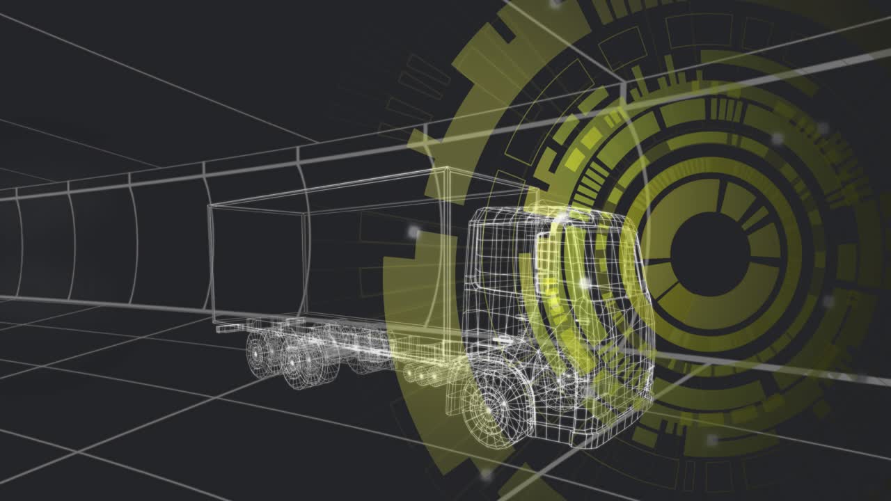 Wireframe freight truck entering 3D grid tunnel rings rotating gridlines shifting simulating motion