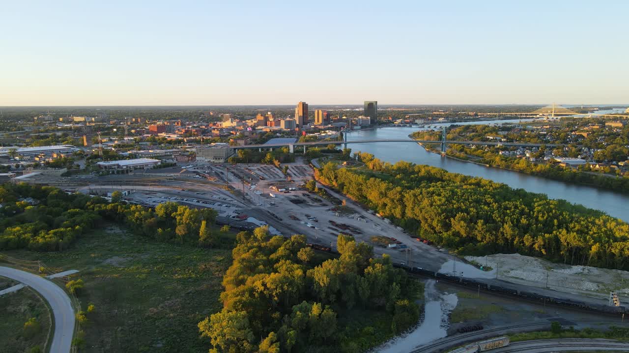 Toledo city skyline on sunny evening, aerial drone view