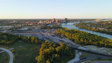 toledo city skyline on sunny evening, aerial drone view