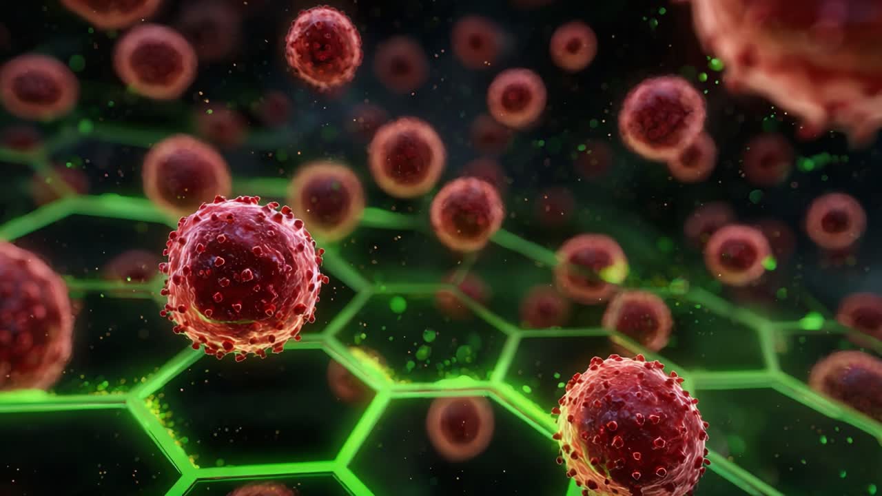 Rappresentazione grafica complessa di globuli rossi sospesi in una struttura esagonale verde, che mostra l'interazione microscopica in un vivace ambiente scientifico