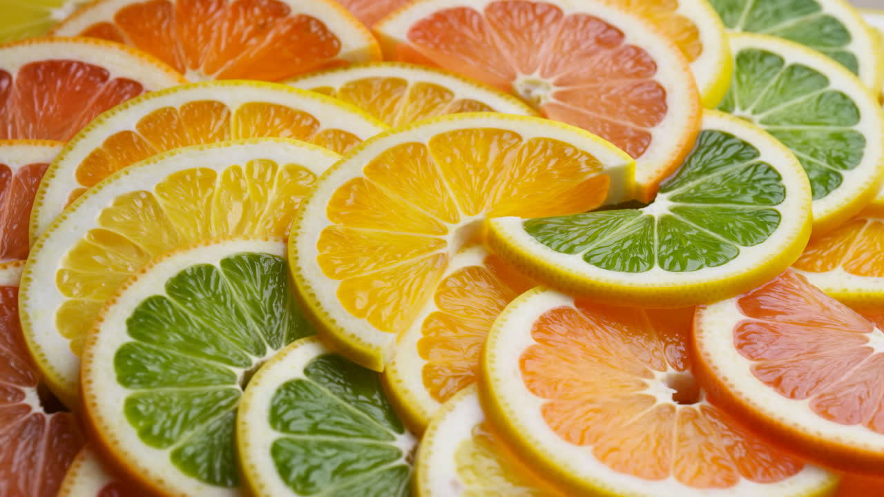 Fette di agrumi sovrapposte a spirale, primo piano di lime, limone, arancia, pompelmo, polpa lucida e umida e buccia dettagliata.