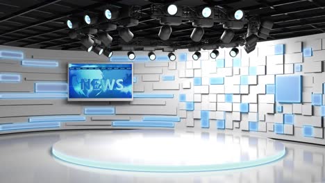 estudio de televisión. sala de noticias. fondo azul y rojo. toma general y de primer plano. estudio de noticias. trasfondo de estudio. bakground de la sala de prensa. el telón de fondo perfecto para cualquier producción de video de pantalla verde o chroma key. bucle. renderizado 3d