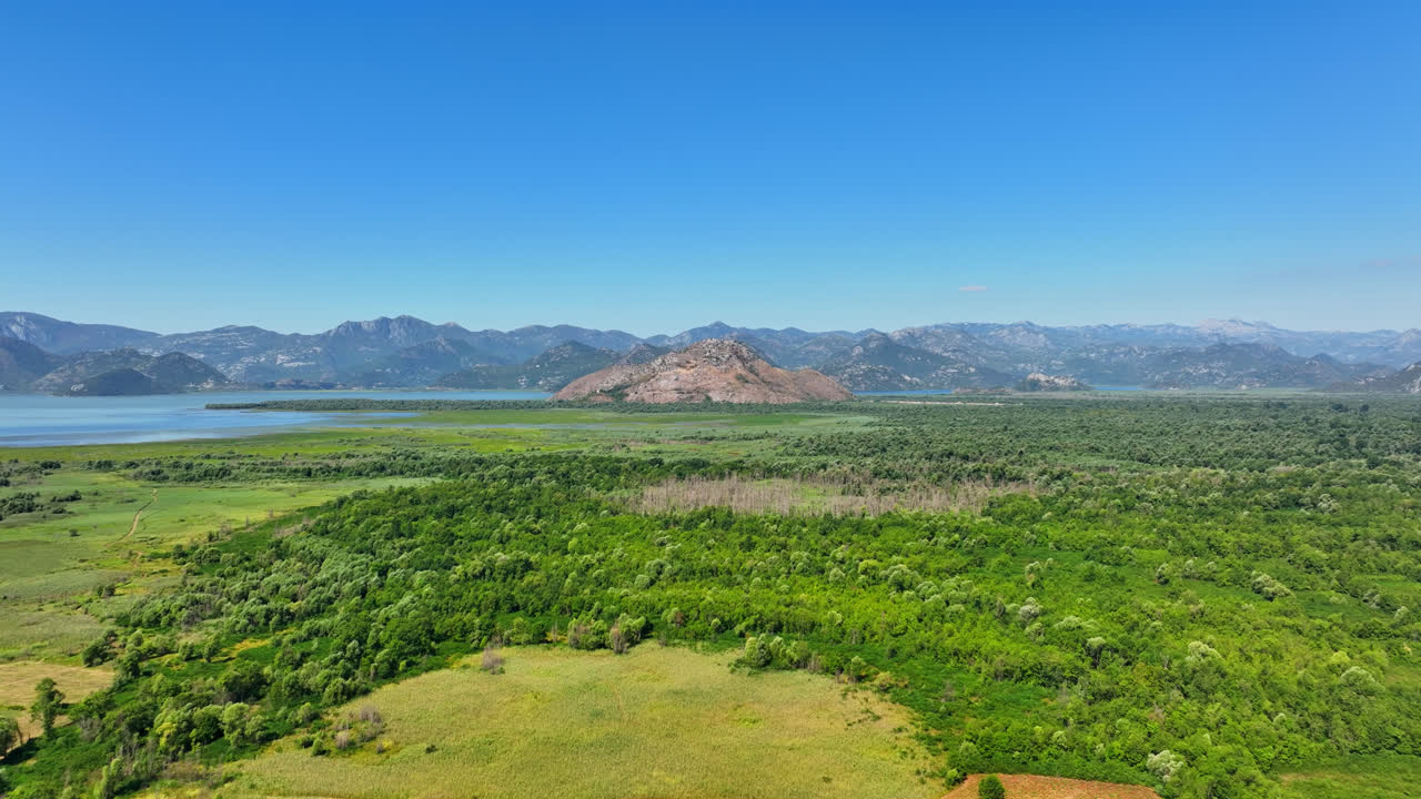 Aerial tracking shot over greenery of the lake Skadar national park, Montenegro