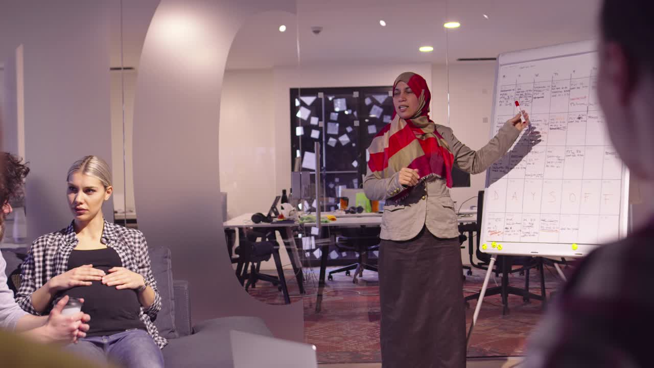 Muslim woman in a modern open space coworking office giving a presentation to team. Middle eastern Arab businesswoman in creative startup office. Disabled businessman in a wheelchair on team meeting