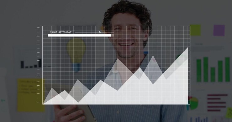 Video verticale: Uomo che utilizza un tablet per creare un grafico finanziario, con le mani che si alzano e tracciano la crescita in sovrimpressione.