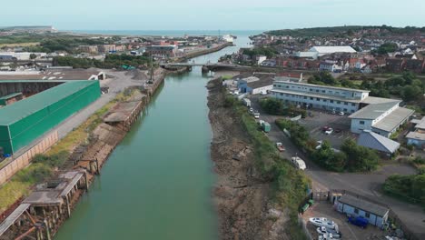 river ouse in newhaven coastal town in south england, aerial near harbour