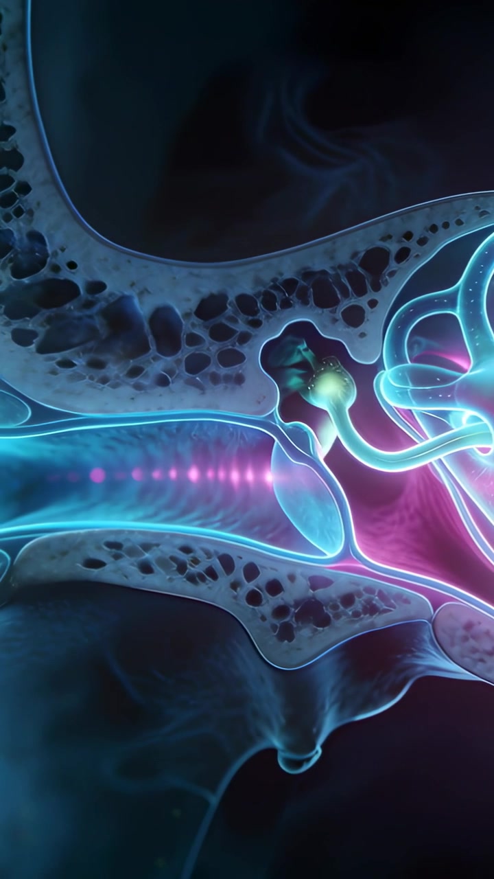 Video verticale: Mostrando la coclea che riceve il suono dagli ossicini che vibrano in animazione, con un impulso magenta.