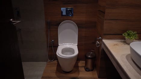 simple cozy hotel lavatory with modern rustic interior designs - pan left shot