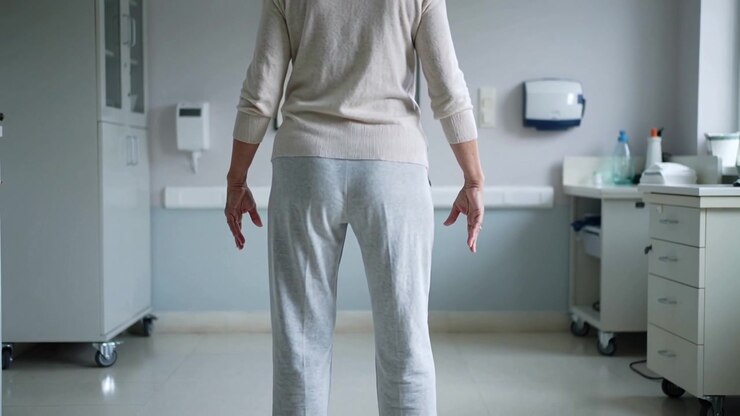 Shifting senior woman wearing grey sweater and pants testing balance in clinic room, with handrail