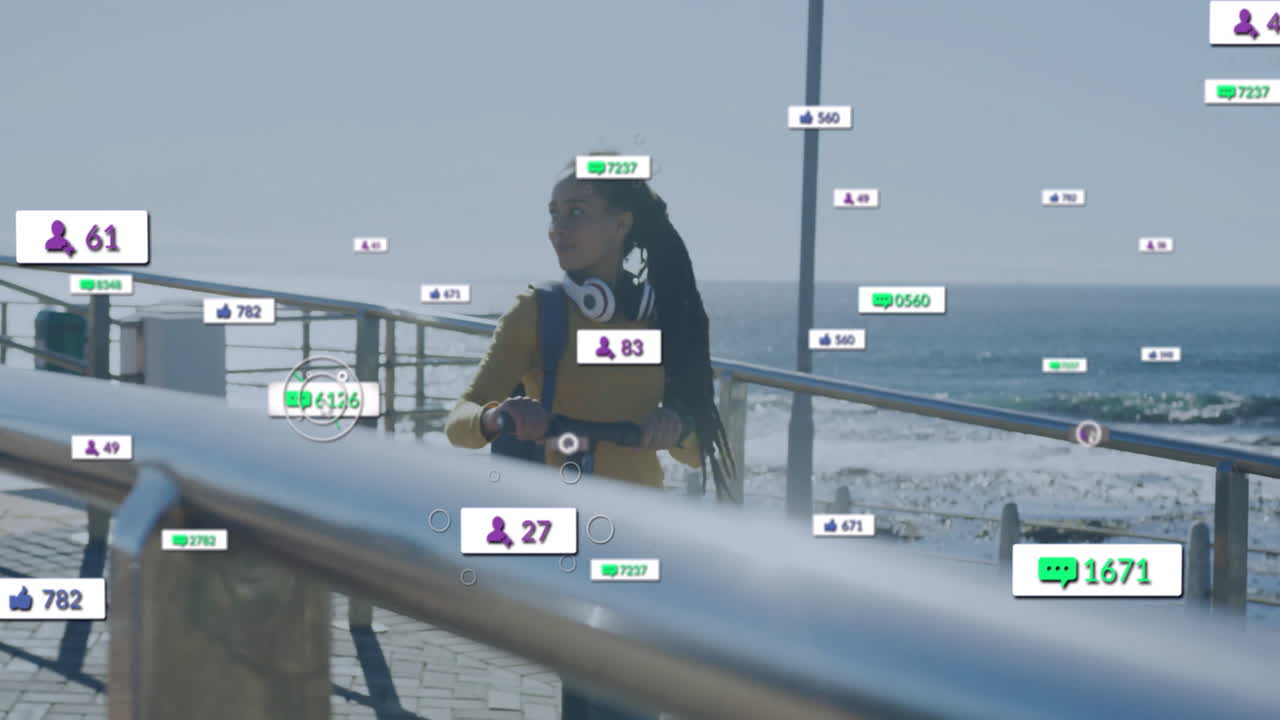 notificaciones de las redes sociales animación sobre la mujer caminando por el océano