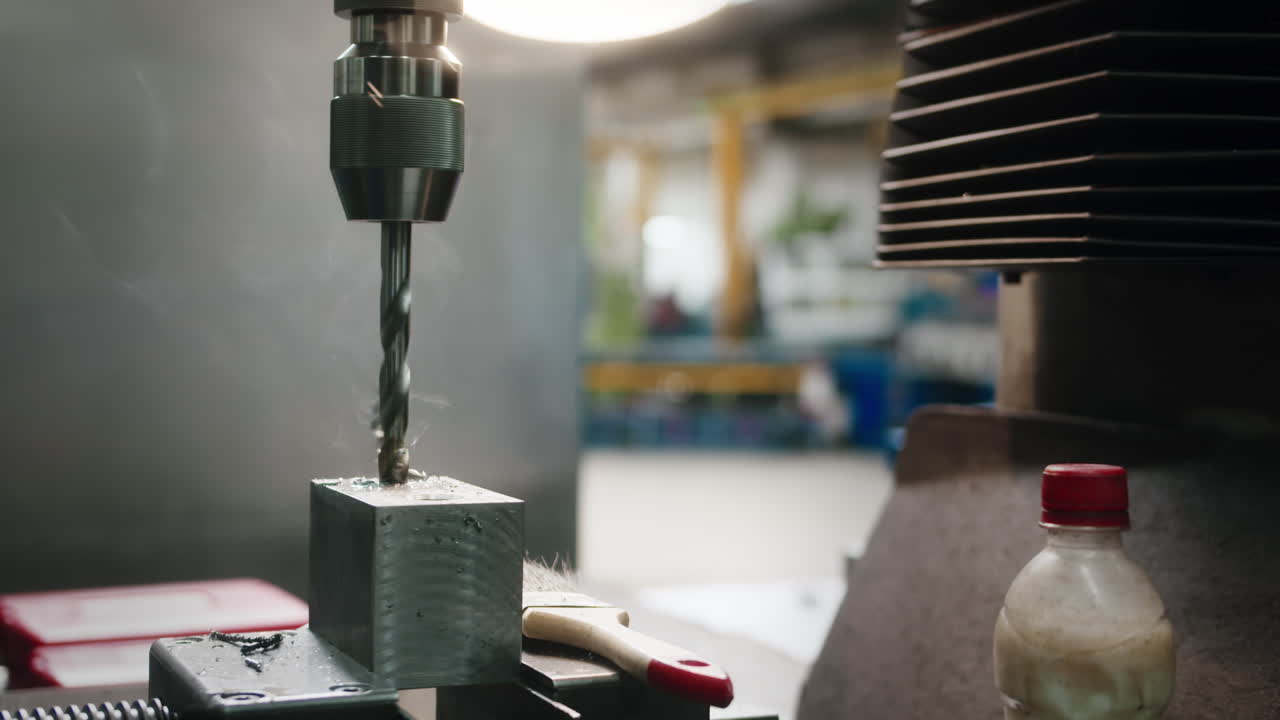 Grande trapano industriale che fuma mentre lavora su un blocco di metallo in una grande fabbrica