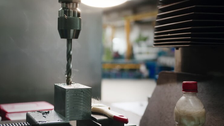 Grande trapano industriale che fuma mentre lavora su un blocco di metallo in una grande fabbrica