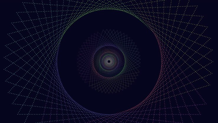 Colorful geometric pattern circular lines and spiral shapes in blue, purple, and green